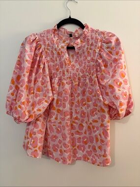 Smocked Puff-Sleeve Blouse in Pink and Orange Print